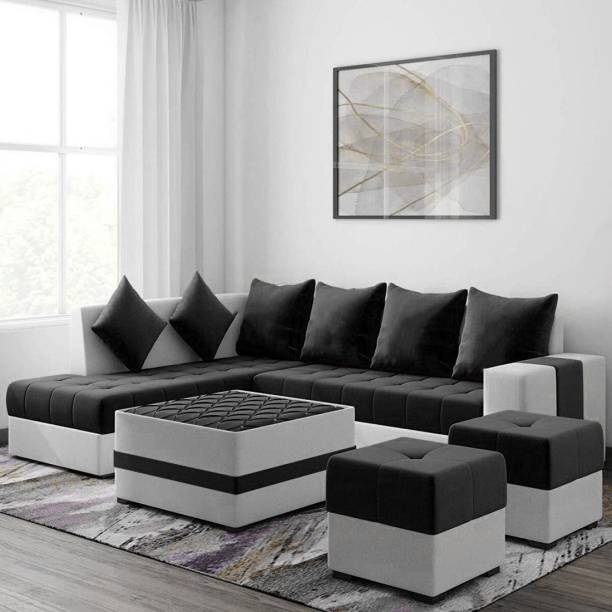 Torque Steffan L Shape 8 Seater Sofa Set with Centre Table and 2 Puffy(LHS, Black) Fabric 3 + 2 + 1 + 1 Black Sofa Set