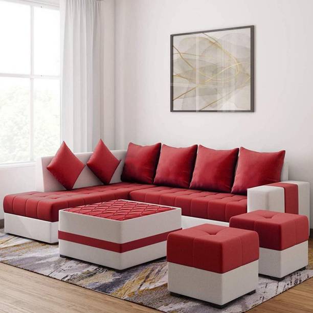 Torque Steffan L Shape 8 Seater Fabric Sofa Set with Centre Table and 2 Puffy(Left Side, Red) Fabric 3 + 2 + 1 + 1 Red Sofa Set