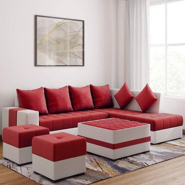 Torque Steffan L Shape 8 Seater Sofa Set with Centre Table and 2 Puffy (RHS, Red) Fabric 3 + 2 + 1 + 1 Red Sofa Set