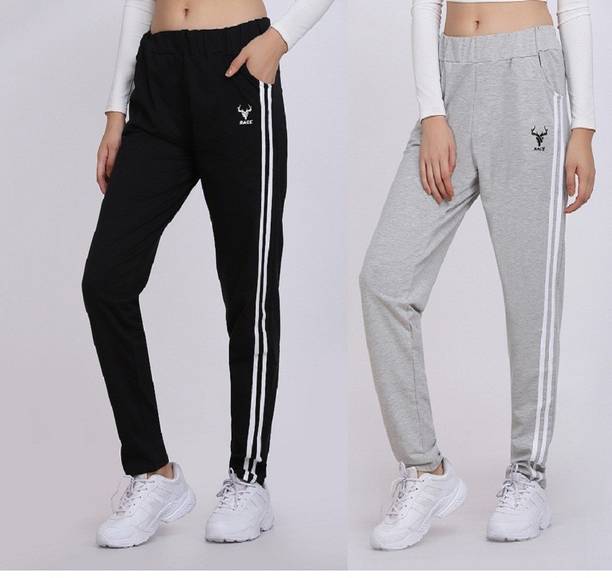 Pack of 2 Women Striped Black, Grey Track Pants