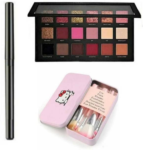 LYFFA beauty Long Lasting Smudge Proof Eye makeup Kajal + Rose gold remastered eyeshadow palette + 7 PC's makeup Brush set