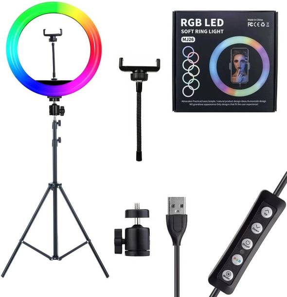 Webilla RGB Ring Light with Tripod Phone Holder 3 Led Mode Warm Cool Light |10 Level Brightness | 26 RGB Color Changing & Dynamic Flash for YouTube Makeup Stream Photo & Video Shoot for All Smartphones Ring Flash