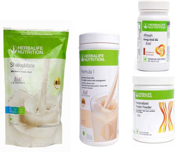 HERBALIFE Weight Loss Extra Delicious Combo With ( Formula 1 Nutritional Shake Mix - Vanilla Flavor + Personalized Protein Powder 200 Gram + Afresh Energy Drink Mix - Cinnamon Flavor + Shake Mate Milk Powder - Vanilla Flavor ) Combo