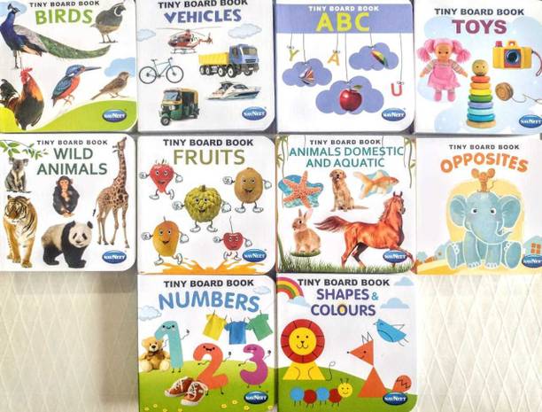 Navneet Tiny Board Book ( Set Of 10 Books) - ABC, Numbers, Shapes, Colours, Toys, Fruits, Birds, Animals, Aquatic, Vehicles, Opposites,