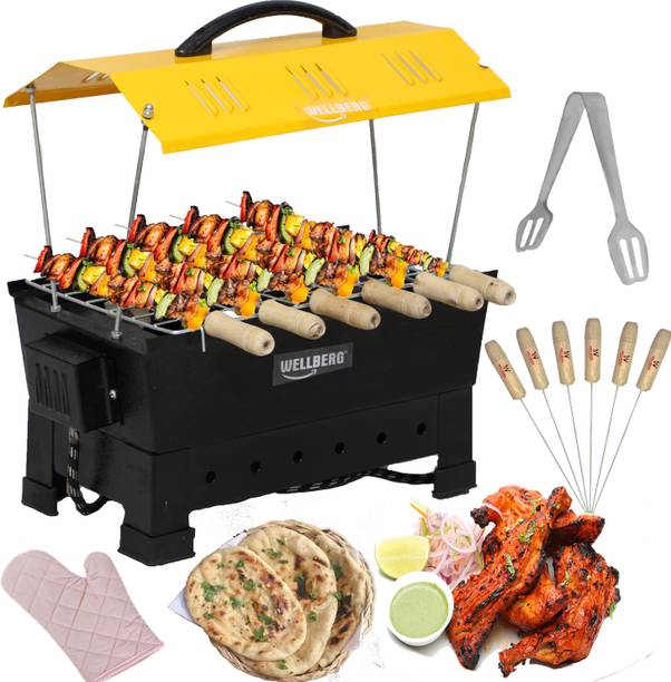 WELLBERG Yellow Hut Shape Electric & Non Electric (Charcoal) Barbeque grill & Tandoor 6 Wooden Handle skewers & Tong Electric Grill Electric Tandoor Electric Tandoor