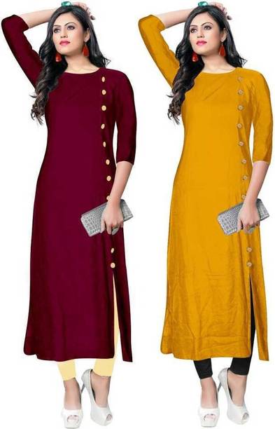 Pack of 2 Women Solid Viscose Rayon Frontslit Kurta