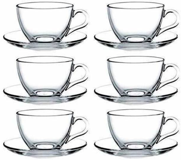 SKTOYZONE Pack of 6 Glass Crystal Clear Classic Glass Tea & Coffee Cup and Saucer Set, for Espresso Cappuccino hot Chocolate Green Tea and More, (6 Cups and 6 Saucers)