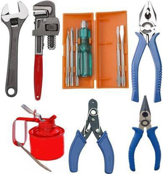 DHATRI TOOLS Tool Kit Set for Home/Garage/Car/Bike/Industry (Set of 7 Tool kit) Contains 5 Pcs Screwdriver Set + 1 8" Lineman Plier + 6" Wire Cutter + 10" Pipe Wrench + 8" Adjustable Spanner + 236 ml Oil Lubrication Can + 6" Needell Nose Plier Hand Tool Kit (8 Tools) Single Sided Pipe Wrench