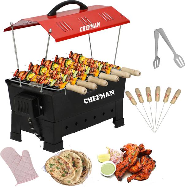 Chefman Camping Barbecue Grill, Tandoor, Toaster, Roaster Fully Electric Charcoal Compact Portable, Large Size, Red Electric Grill with 6 Wooden Handle Skewers,Hand Gloves Tong Electric Grill