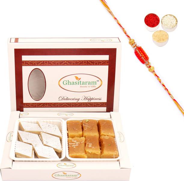Ghasitaram Gifts Rakhi Gifts Mithai Hamper-Box of Kaju Katli and Soft Mysore Pak with Beads Rakhi Combo