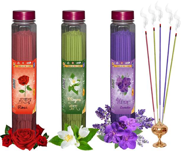 शंख Rose, Mogra & Lavender Agarbatti (Incense Stick) Pack of 300 gram (100 + 100 + 100) Fragrances रोज़, मोगरा, लैवेंडर अगरबत्ती