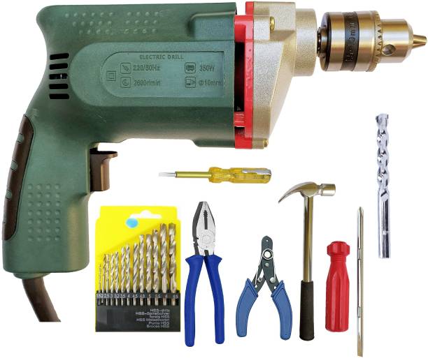 DUMDAAR Heavy Duty 10mm Electric Drill Machine with 13pc hss Plier Wire Cutter Tester Screwdriver Hammer Masonry bit Set and In The Box Electric Drill Machine with 13pc hss , Plier, Wire Cutter ,Tester , Screwdriver, Hammer and Masonry bit Set Heavy Duty 10mm Electric Drill Machine Pistol Grip Drill