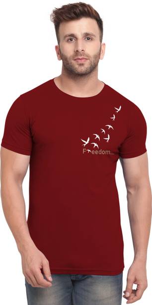 Bullmer Men Printed Round Neck Cotton Blend Maroon T-Shirt
