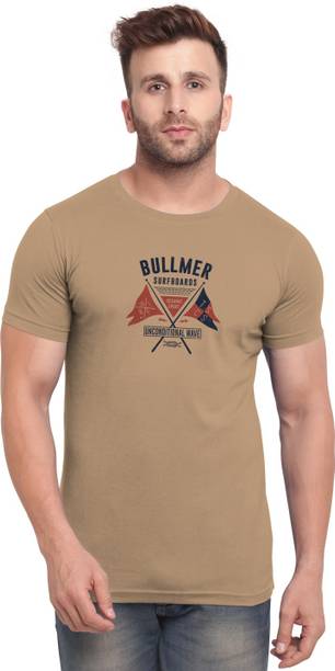 Bullmer Men Printed Round Neck Cotton Blend Beige T-Shirt