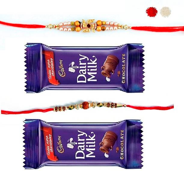 VR Creatives Rudraksha Rakhi and Swastika Two 2 Family Rakhi Combo Set with 2 Chocolate for Brother Assorted Gift Box