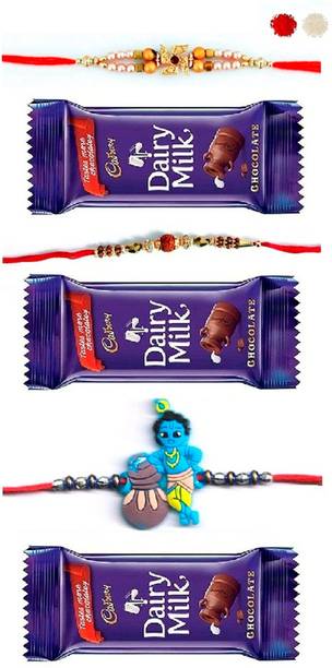 VR Creatives Kids Bal Krishna, Rudraksha Rakhi and Swastika Three 3 Rakhi Combo Set with 3Chocolate for Brother Assorted Gift Box