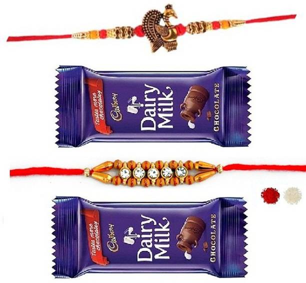 VR Creatives Pecock Rakhi and Diamond Two 2 Rakhi Combo Set with 2 Chocolate for Brother Assorted Gift Box