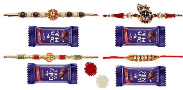 VR Creatives Om Rakhi, Krishna Face rakhi and Diamond Line, Swastika Two 2 Family rakshabandhan Rakhi Combo Set with 2 Chocolate for Brother Assorted Gift Box