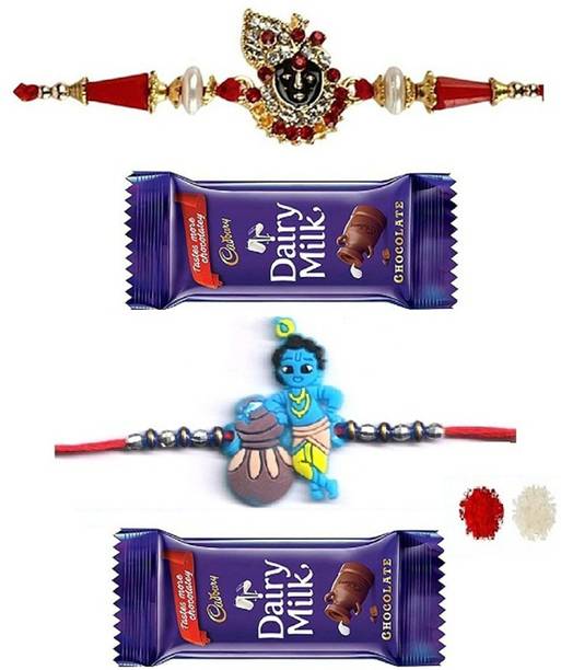VR Creatives Kids Krishna Rakhi and Krishna Face Two 2 Rakhi Combo Set with 2 Chocolate for Brother Assorted Gift Box