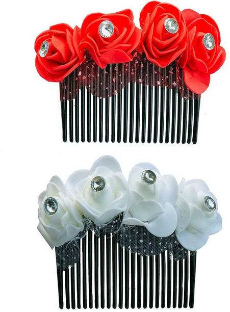 GuruEmbellish Bridal Fancy Hair Accessories Floral Clip Side Comb Juda Pin for Women and Girls Pack-02,Color-Red & White Bun Clip