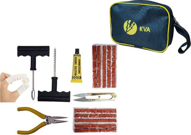KVA KV-138 Complete Tubeless Tyre Puncture Repair Kit With Pouch (Nose Pliers + Cutter + Rubber Cement + Extra Strips+ Pouch+ Finger Coverings) ट्यूबलेस टायर पंक्चर रिपेयर किट