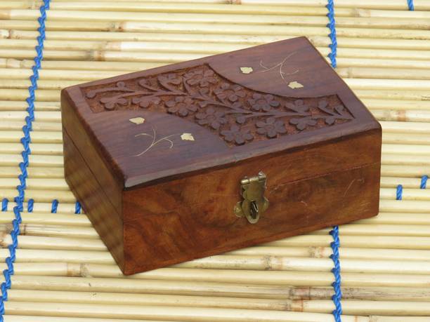 WOODINO Sheesham Wood (size 6 x 4 x 2.5 inch) Vanity Box Carving Brass Design Jewellery Box ( Brown) Jewellery Vanity Box