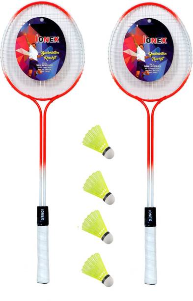 IONEX Double Shaft Multicolor Set Of 2 Piece Badminton Racket With 6 Piece Plastic Shuttle Badminton Kit