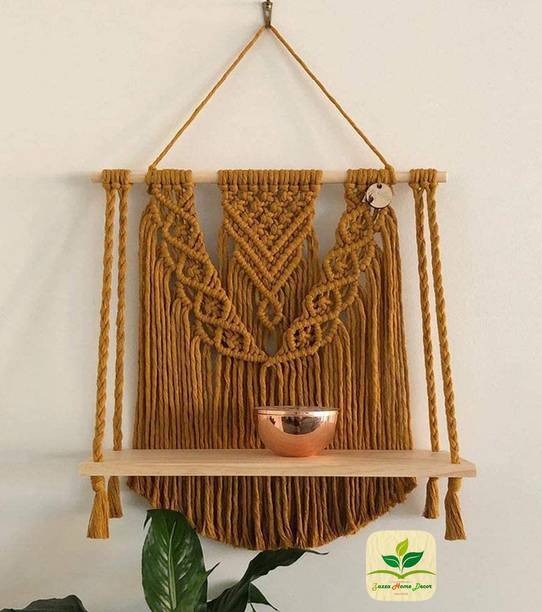 zazza home decor Handmade Macrame Wall Hanging Rope Shelf Tapestry Home Decor Hanging Planter Floating Shelf (Size - 16 x 20 inches, Mustard) Wooden Wall Shelf