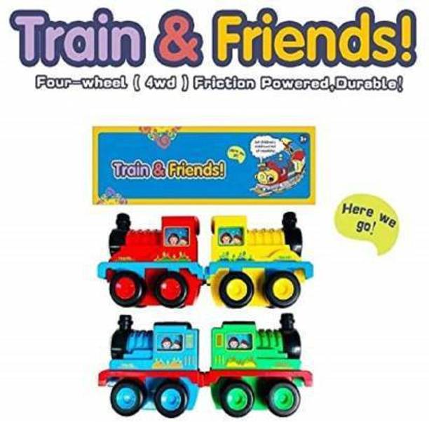 Galactic Trains & Friends Adventures, Small Push Along Train Engine Pull Back Racer Train Vehicle Set of 4 (Multicolor)