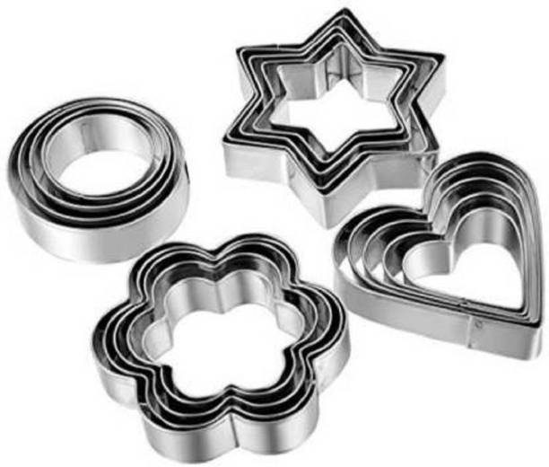EBOFAB Cookie Cutter 12 Pcs Set Pastry Fruit Molds Stainless Steel Heart Flower Round Star Biscuit Mould Fondant Cutting Cutters With 4 Shape, Pieces Piece Cutter, Metal Cake Vegetable Set, Hearts Flowers Stars Silver (Pack of 12) Shapes Mold Decorating Tools Cookie Cutter (Pack of 12 Cookie Cutter