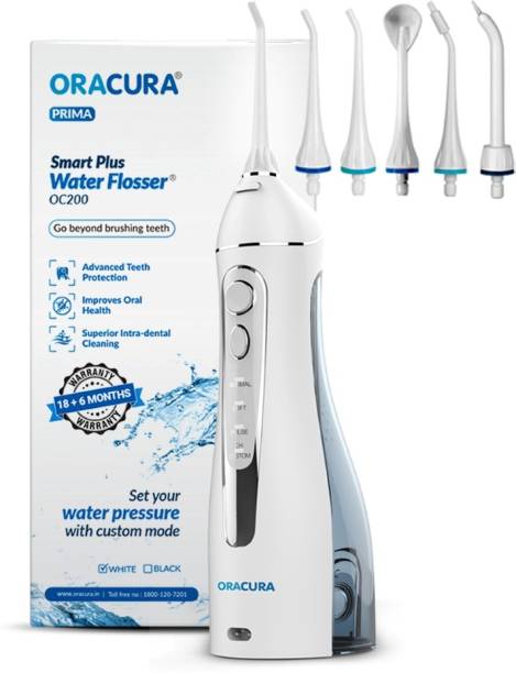 ORACURA Smart Plus Water Flosser OC200 White | Portable and Rechargeable With Upgraded And Elegant Design Black & White Custom Operation Mode | With 5 Tips & 200ml Tank Capacity IPX7 Waterproof