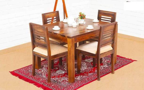 Douceur Furnitures Solid Wood/ Sheesham Wood 4 Seater Dining Set With 4 Chairs (finish-honey ) Cushions-Cream Solid Wood 4 Seater Dining Set