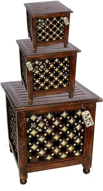 manzees Beautiful Antique Wooden Stool with Brass Cutting Design Storage Stool for Living Room and Bedroom Furniture ( Set of 3 ) Solid Wood Side Table