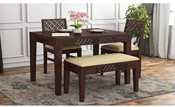 Douceur Furnitures Solid Wood/ Sheesham Wood 4 Seater Dining Set With 2 Chairs 1 bench Cushions-Cream Solid Wood 4 Seater Dining Set