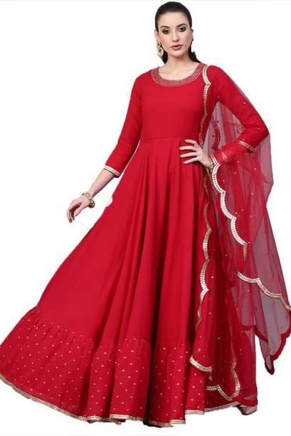 Semi Stitched Georgette Gown/Anarkali Kurta & Bottom Material Embroidered