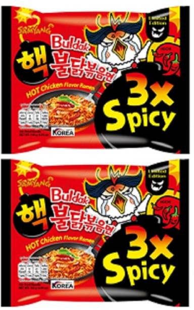 Samyang 3X Spicy Hot Chicken Flavour Instant Korean Noodles - 140gm*2Pack (Pack of 2) (Imported) Combo Instant Noodles Non-vegetarian