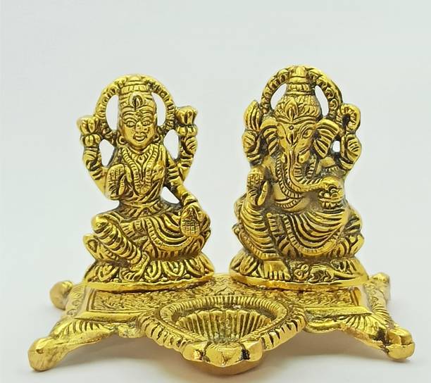A & S VENTURES White Metal Gold Plated Laxmi Ganesh Chocki Diya God Idol Exclusive Gift For Diwali, Corporate Gift And Wedding Return Gifts Decorative Showpiece  -  11 cm