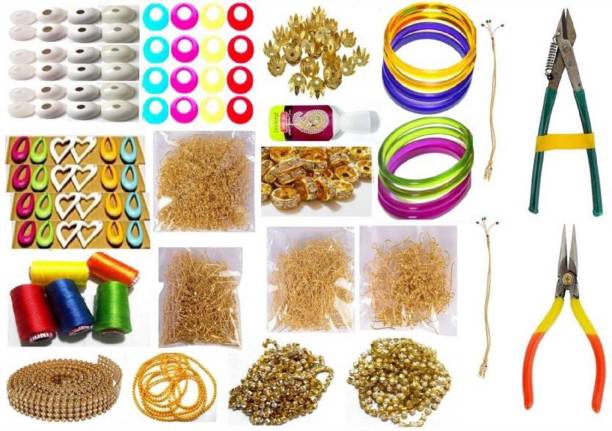 puffy Silk Thread Jewellery Making Kit, 50 Pair Jhumka Earring Base,Jewellery Making Materials,Full Of Jewellery Making Items, All Items Set With Silk Thread & Tools (19 Items)