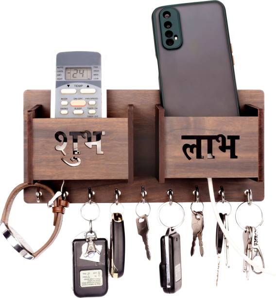 POCKESTER Shubh Labh with Double Mobile Stand Wood Key Holder