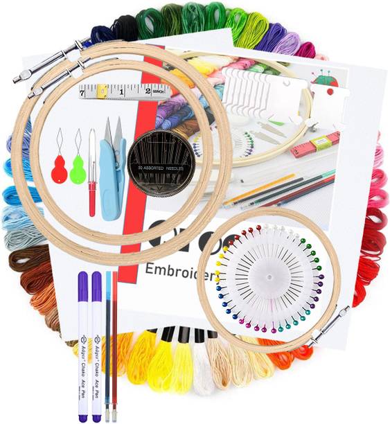 Qroof Embroidery Materials Starter Kit,50 Colour Threads,3 Pcs Bamboo Hoops,2 Pcs Aida Cloth and Cross Stitch Hand Embroidery Beginner Supplies Tool