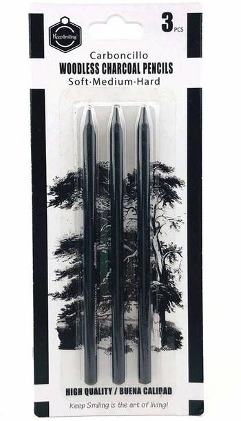 Funity Black Charcoal Pencils, 3 Piece. Features 3 Grades of Charcoal Including Soft, Medium and Hard.
