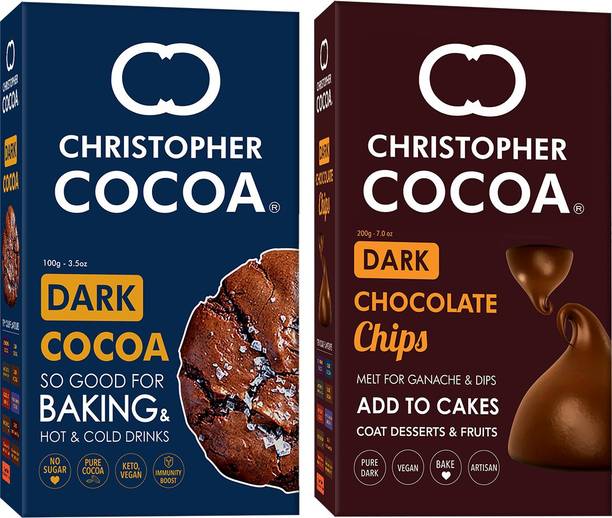 Christopher Cocoa Dark Cocoa Powder, Unsweetened, 100g, Dark Chocolate Chips 200g (Bake, Cake, Hot Chocolate, Drinking Shakes) Malt Milk Powder