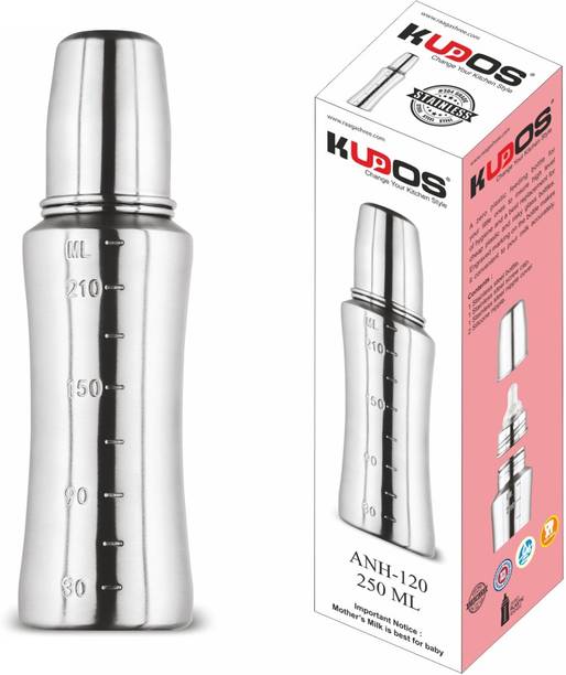 KUDOS Stainless Steel Baby Feeding Bottle for Kids Steel Feeding Bottle for Milk and Baby Drinks Zero Percent Plastic No Leakage with Internal ML Marking 2 Extra Nipple Free, 304 grade stainless steel