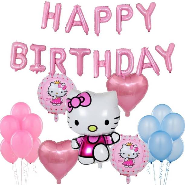 Wonder Printed Hello Kitty Balloon Decoration Kit Pink HBD Foil Balloons, 40 Baby Pink Pastel Blue Balloon for Girls, Kids Set of 58 Balloon