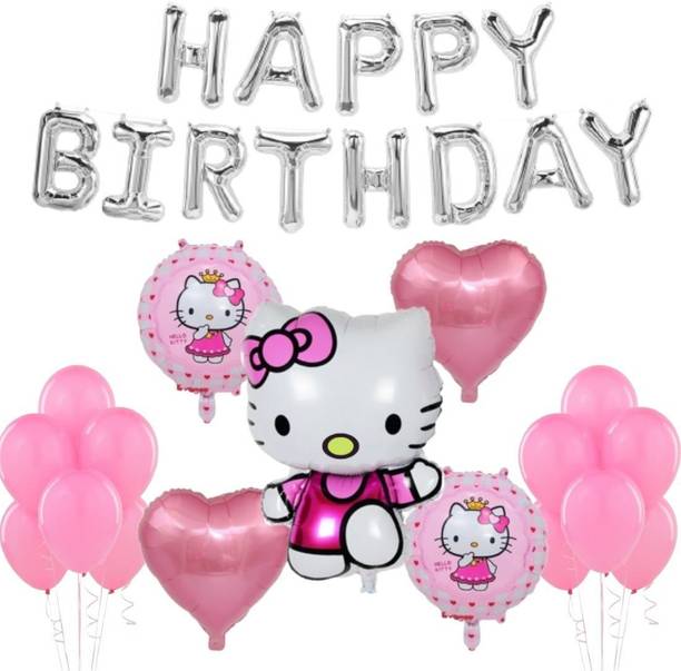 Wonder Printed Hello Kitty Balloon Decoration Kit Silver HBD Foil Balloons, 40 Baby Pink Balloon for Girls, Kids Set of 58 Balloon