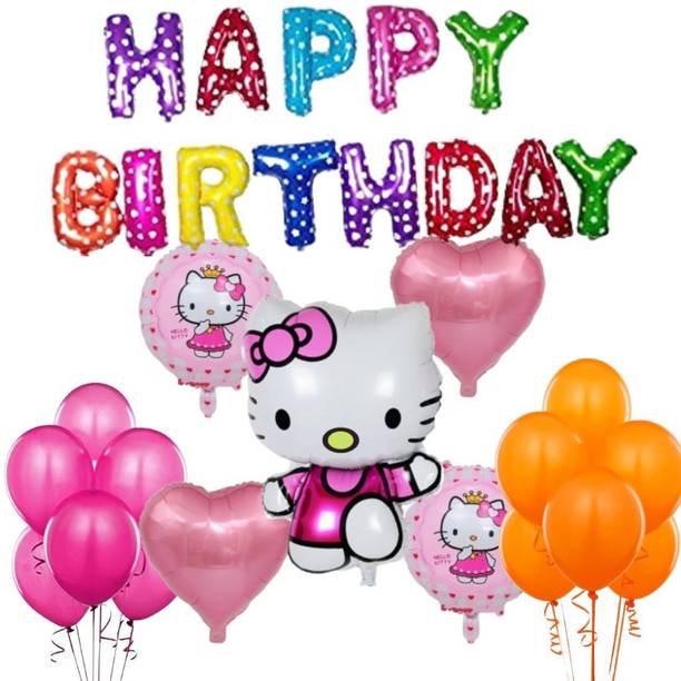 Wonder Printed Hello Kitty Balloon Decoration Kit Multi Printed HBD Foil Balloons, 40 Metallic Pink Orange Balloon for Girls, Kids Set of 58 Balloon