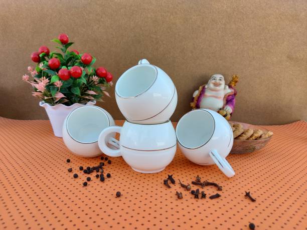 LNK Pack of 6 Bone China Stylish Ceramic Handcrafted White Golden Matki Shape Design Microwave Safe Tea Cup/Coffee Cup Set Ideal Best Gift for Friends, Family, Home, Office use, Kitchen Cup Set (Set of 6, 160 ML)