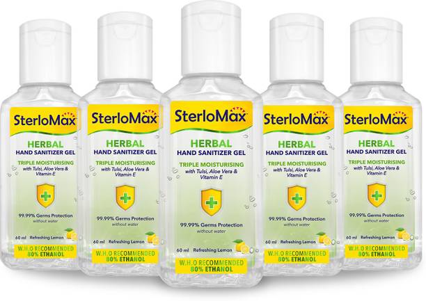 SterloMax Herbal  Gel with Tulsi, Aloe & Vitamin E. 80% Ethanol Alcohol based Sanitizer gel. 60 ml. Pack of 5 Hand Sanitizer Bottle