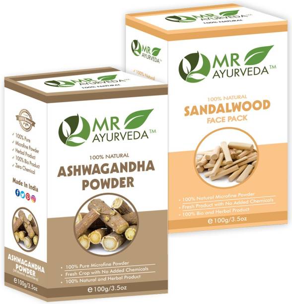 MR Ayurveda 100% Natural Ashwagandha Powder and Sandalwood Face Pack Powder - Combo Pack