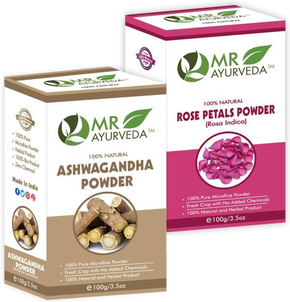 MR Ayurveda 100% Organic Ashwagandha Powder and Rose Petals Powder - Set of 2